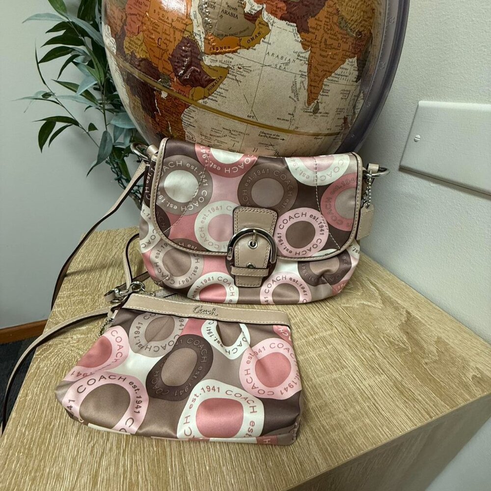 Coach y2k pink and tan crossbody purse and wristlet set